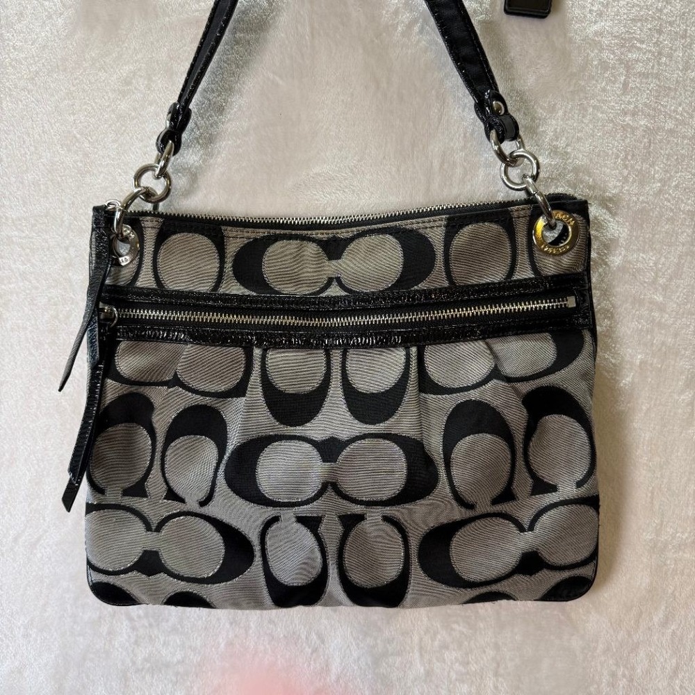 Coach Poppy Signature Sateen Metallic Shoulder Bag Black Silver Zip Tote Purse - Picture 3 of 12